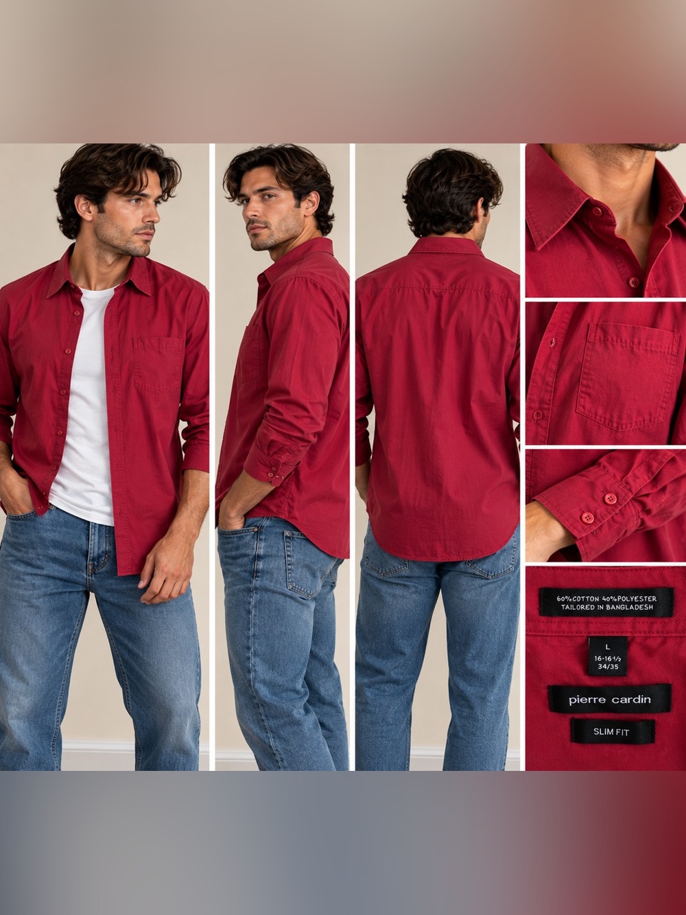 Pierre Cardin Men's Slim Button-Down Shirt - Burgundy Red